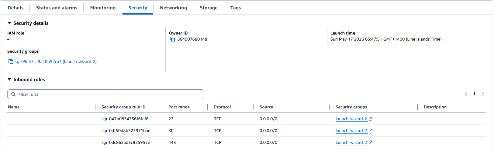 AWS EC2 instance security tab showing ports 22, 80, and 443 open in the initial security group
